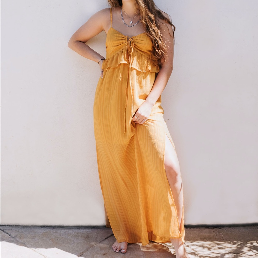 Mustard yellow maxi dress with leg slit and front tie strings